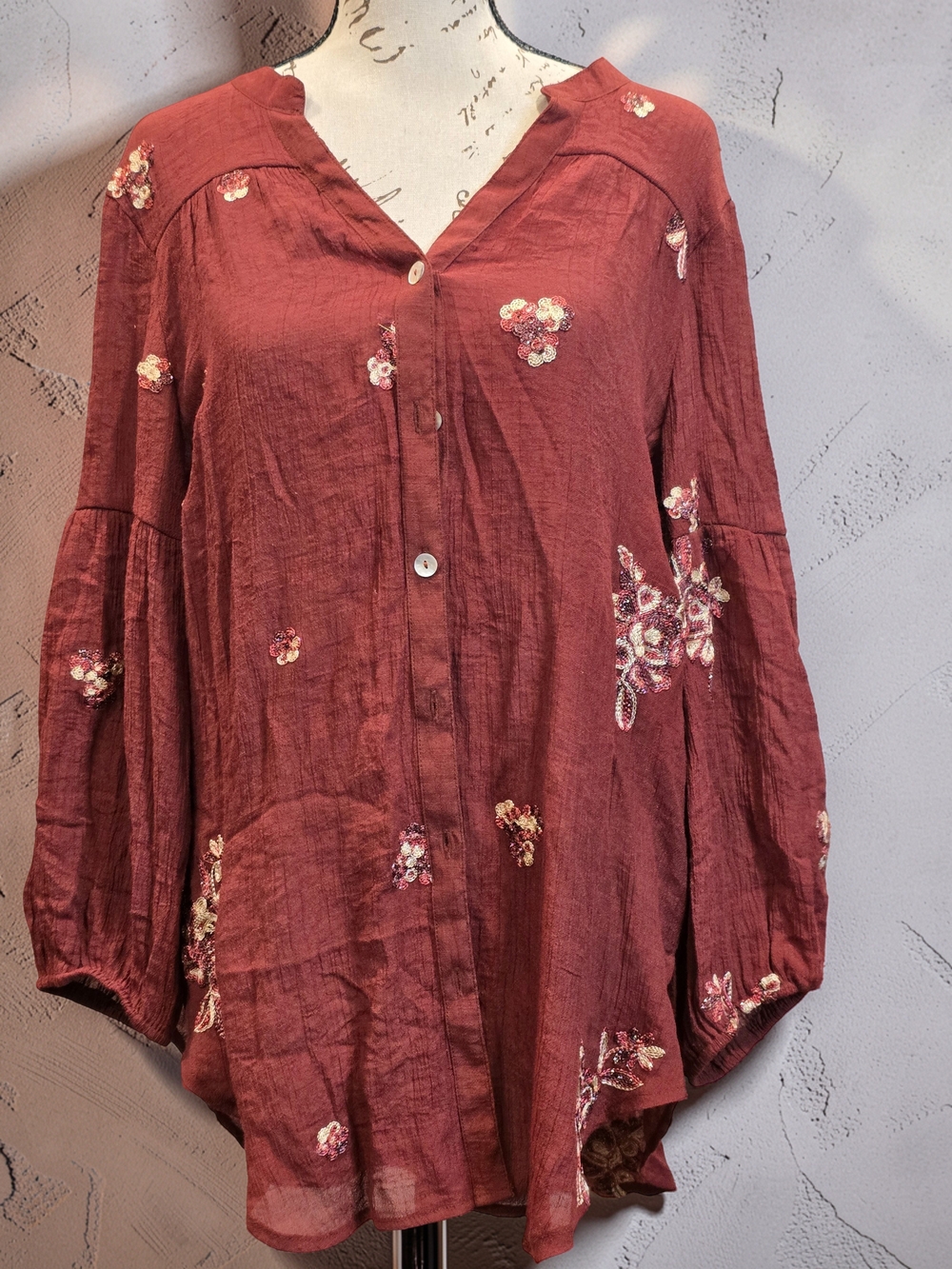 Fig & Flower Rust Embroidered Button Down Peasant Blouse Tunic L